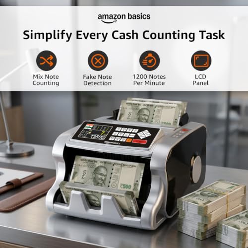 Image of Amazon Basics Mix Note Counting Machine with Fake Note Detection & LCD Display, Fully Automatic Cash Counter| Counts All Old & New Notes for INR ₹10-₹2000, UV MG IR MT Detection, Business & Retail Use
