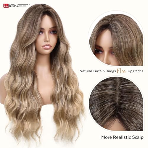Perruque synthétique longue ondulée anti-reflets artificiels WIGNEE blond