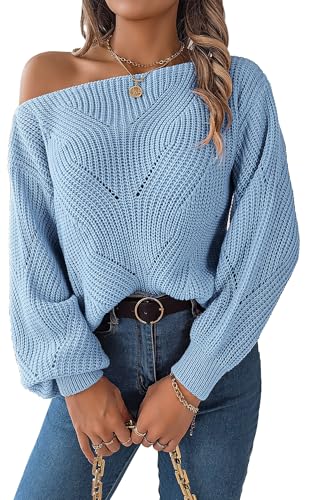 Happy Cherry Frauen Mode Pullover Fr&uuml;hling Herbst Lange Laterne &Auml;rmel Pullover Leichte Einfarbig Bateau Pullover Elegante Cozy Pullover Blau M