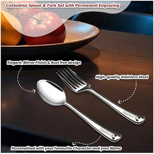 Image of SAVRI Personalized Stainless Steel Spoon & Fork Set with Name & Character Engraved. Your Kids Favorite Design. Ideal for Kids Lunch Box, Tiffin, Office, Return Gift, Birthday, Corporate Gifts.