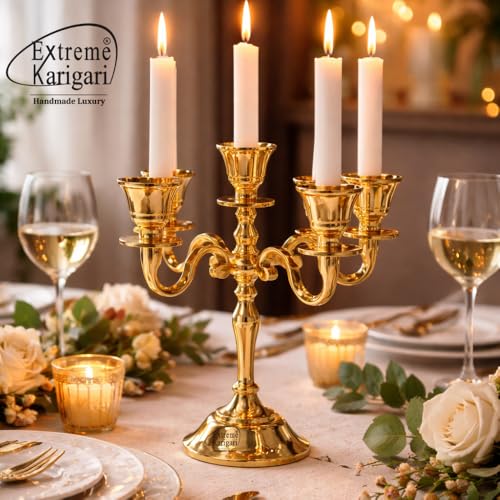 Image of Aluminum 5-Arm 8inch Gold Candelabra for Dining Table | Vintage Candle Stand for Romantic Dinner, Home & Wedding Decor