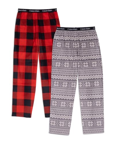 Calvin Klein Kids Boys' Super Soft Brushed Micro Pajama Pant 2-Pack, Castlerock Fair Isle/Red Buffalo Plaid, Large