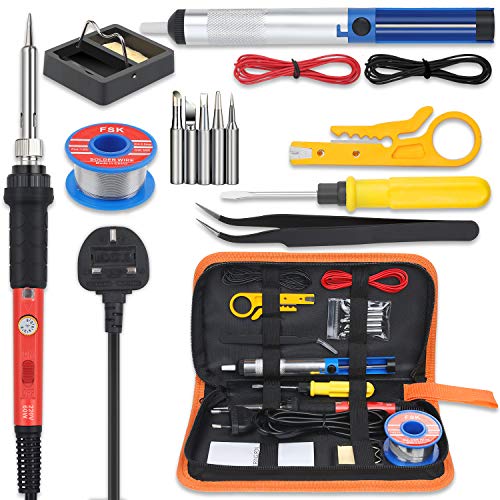 Vastar Soldering Iron Kit,60W Adjustable Temperature Soldering-Iron Gun Kit?5PCS Iron Head with Desoldering Pump,Tweezers, Wire Cutter,Solder Iron Gun Welding Set with PU Storage Bag