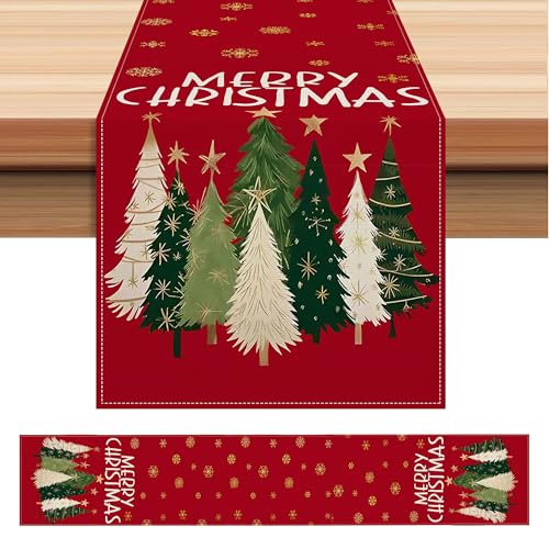 Xmas Tree Merry Christmas Table Runner, Red Seasonal Winter Kitchen