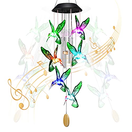 XonyiCos Sommer-Solar-Windspiel für draußen, Kolibri-Windspiel, LED-Leuchten, Farbwechsel, wasserdichte Glocken mit Metallrohren, Outdoor-Dekorationen, zum Aufhängen, Garten, Hof, Rasen, Terrasse Cover