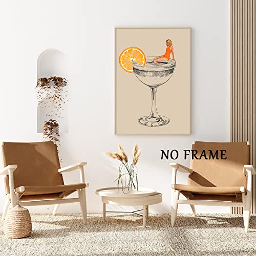 Cocktail Canvas Wall Art Orange Cocktail Poster Lemon Artwork Wine Glasses Picture For Kitchen Orange Abstract Pictures Wine Glass Line Painting Girl Funny Cocktail Canvas Print 16X24Inch No Frame #TOP5