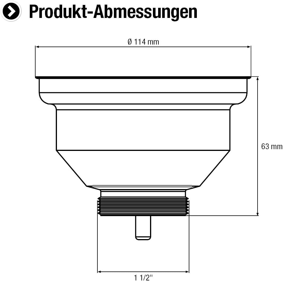 Diagram showing product dimensions including 114mm diameter and 1 1/2 inch thread