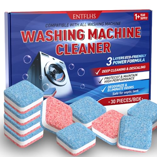 Washing Machine Cleaner Tablets 30 Pack - HE Top Load & Front Load Washer Cleaner, Eco Friendly Septic Safe, 3 Layers Deep Cleaning, Descaler & Deodorizer, 1+ Year Supply (30 Count