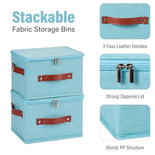 Image of 3PCS Storage Bins Boxes with Zippered Lids Cotton Linen Fabric Decorative Basket PU Leather Handles PP Plastic Board Foldable Lidded Clothing Shelf Closet Organizer Container (Blue, Small)