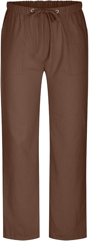 Pants for Men Cotton Linen Drawstring Elastic Waist Solid Straight Legs Causal Stylish Work Utility Loose Trouser