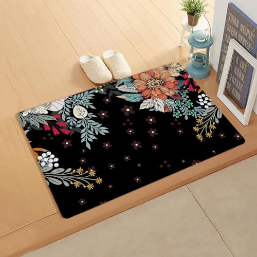 Black Boho Floral Kitchen Bath Door Mat Cushioned Runner Rug,Washable Welcome Floor Sink Antifatigue Mat,Waterproof Non-Slip Comfort Standing Doormat,Colorful Botanical Flower Tropical Leaves 18