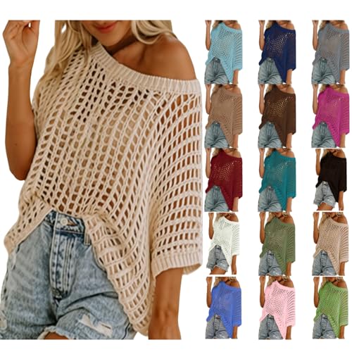 JiXiang Beach Sweaters for Women Summer Scoop Neck Short Sleeve Casual Shirts Crochet Hollow Out Knit Tops Pullover Coverup