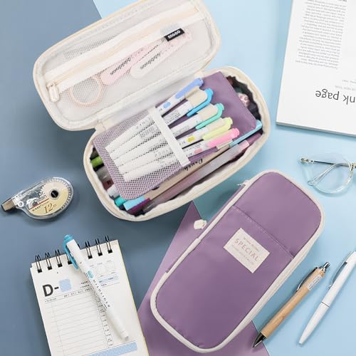 MAMUNU Big Capacity Pencil Cases with Compartments Pencil Pouch Aesthetic for Teen Students Expendable Stationery Organizer Pen Bag for College School Office (Purple) - Image 3