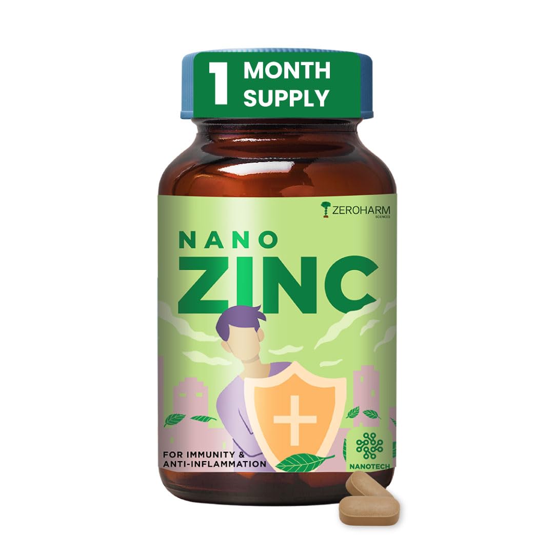 ZEROHARM Nano Zinc Tablets | Guava Leaves Extract | High Absorption Zinc Supplement for Immunity, Skin, Hair, Bone, Vision & Cognitive Health | For Men & Women | 600mg per Serving | 60 Veg Tablets
