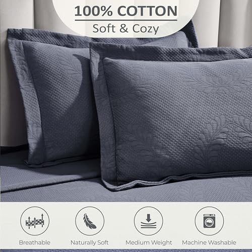 Superior 3 Piece Cotton Bedspread Set, Home Bed Decor, Decorative Bed Spread, 2 Pillow Shams, Medium Weight Blanket, Matelasse Coverlet, Bedding Essentials, Peploi Collection, King, Denim Blue