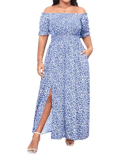 Image of Holipick Women's Off The Shoulder Boho Dress Plus Size Floral Smocked Waist Split Summer Maxi Sundress with Pockets