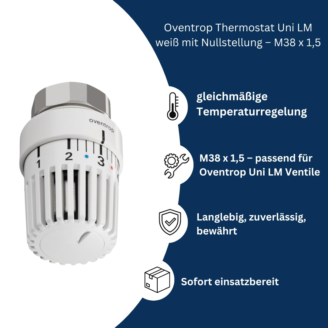 Thermostat Uni LM weiß mit Nullstellung M38 x 1,5 + Entlüftungsschlüssel 5 mm Vierkant – 10er Set Heizkörper-Thermostatkopf, präzise Regelung, einfache Montage