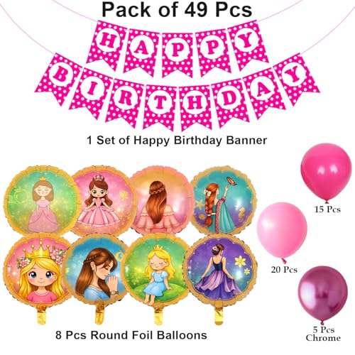 Image of Rozi Decoration Pink Happy Birthday Decoration Kit Pack of 49 | Birthday Banner with Round Foil Balloons and Pink Latex Balloons for Kids Birthday Party Decoration