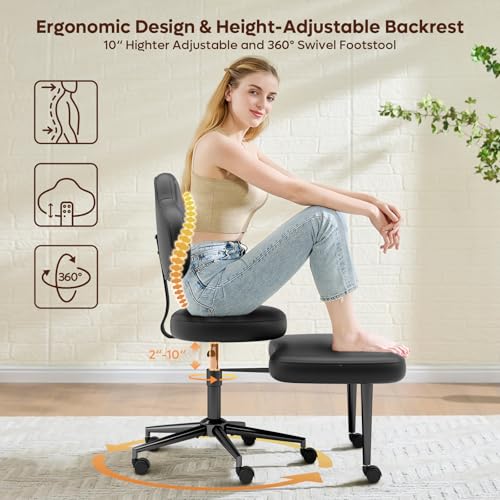 Image of Pinmoco Cross Legged Office Chair with Wheels, Meditation Chair, ADHD Chair for Adults, Wider Height Adjustable Backrest and Seat, Yoga Office Chair, PU Leather, Black