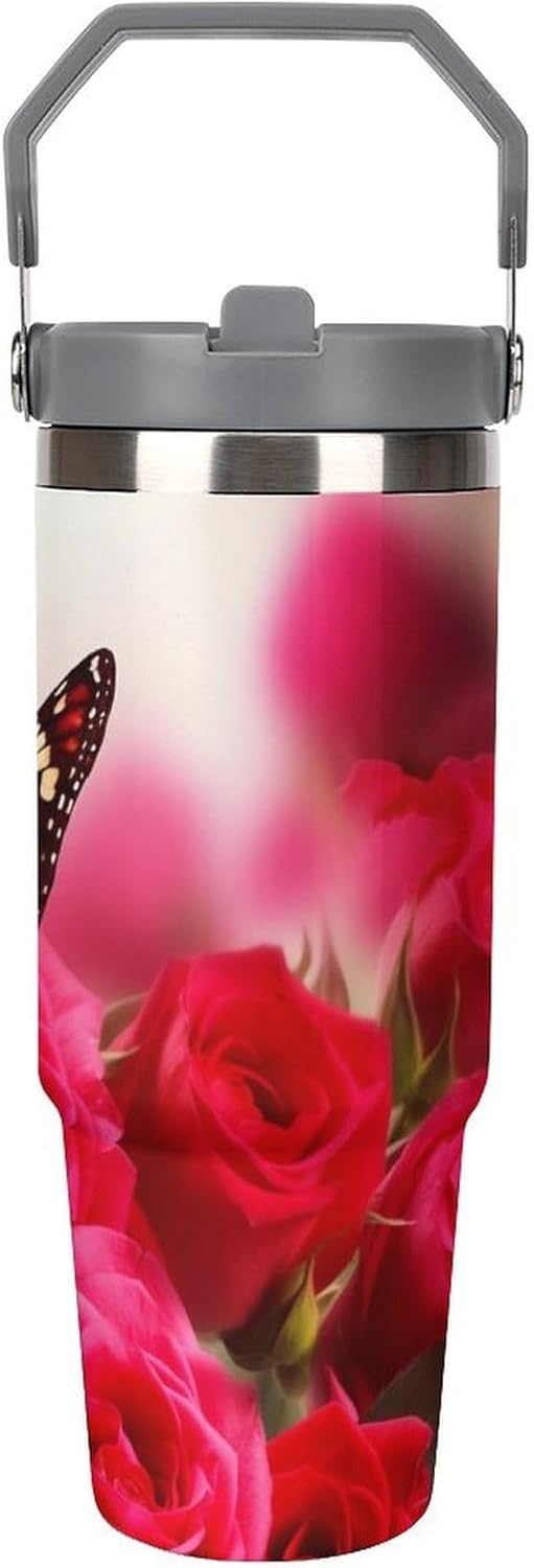 30oz Insulated Tumblers with Top Handle, Stainless Steel Red Roses And Butterflies Car Cup with Straw for Gift, Leak-Proof Double Wall Vacuum Travel Mug, Personalized Water Bottles White