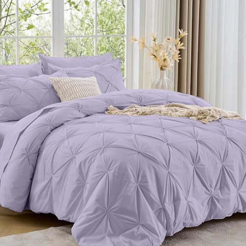 Image of Sasttie Queen Comforter Set, 7-Piece Bed in a Bag, Pintuck Bedding Sets for All Season, Includes Comforter, Flat Sheet, Fitted Sheet, Pillowcases and Pillowshams, Lavender