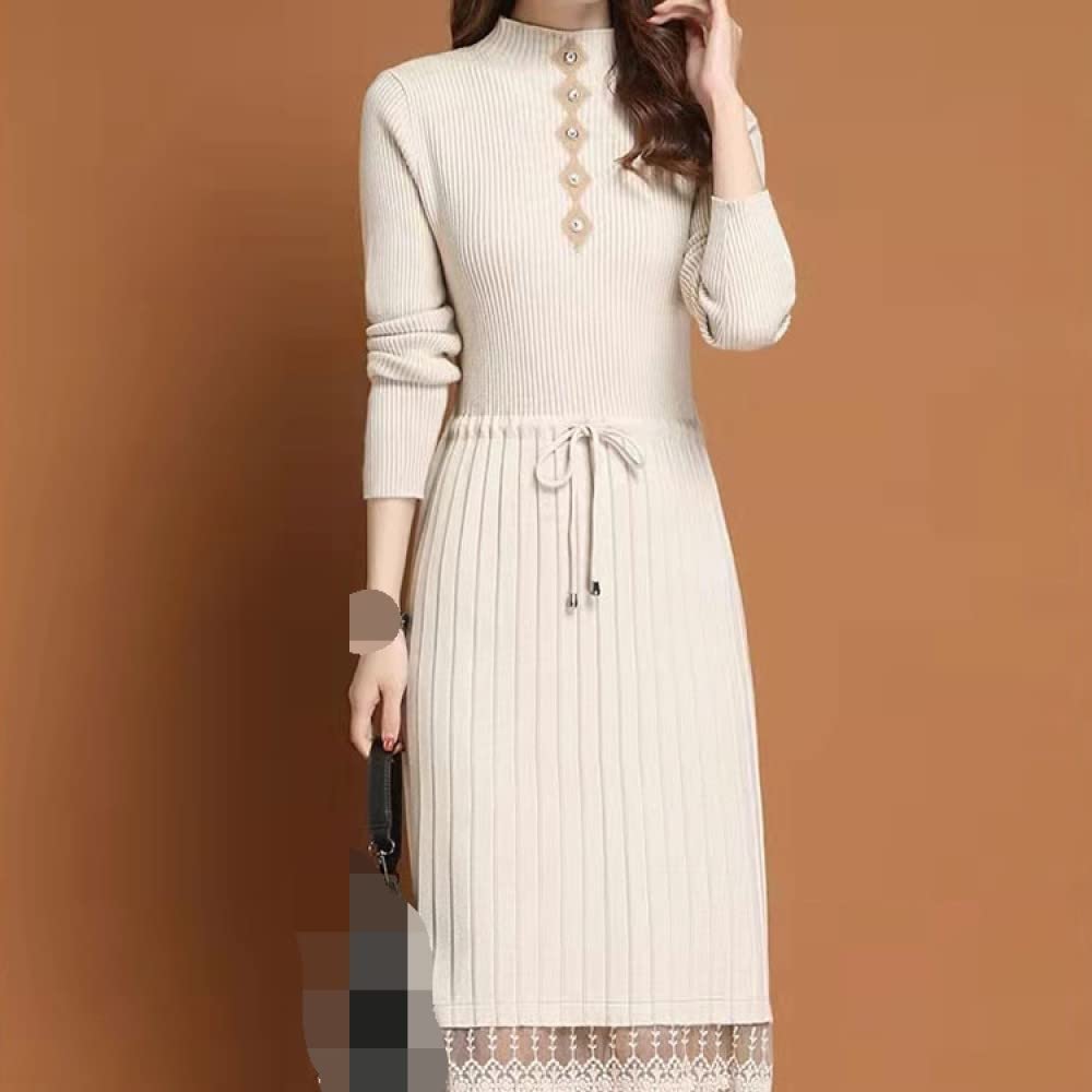 Pulls Tricot Femme,Chandail Tricoté À Col Roulé pour Femme, Ourlet en Dentelle Beige, Pull Élégant, Coupe Cintrée, Pull Pull, Cadeau De Mode pour Petite Amie, Fête des Mères