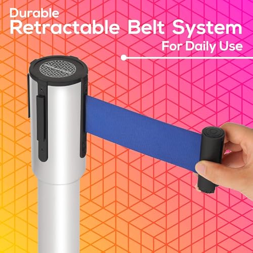 Image of DuraSteel Chrome Crowd Control Barriers Stanchions with Retractable Belts - Metal Stanchion Posts w / 6.5ft Blue Retractable Barrier Belt Ropes - Queue VIP Safety Line Dividers - Set of 2 Stantions