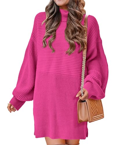 KIRUNDO Women's 2024 Trendy Fall Winter Lightweight Oversized Turtleneck Sweater Dress Slouchy Tunic Ribbed Knit Pullover, Rose Red, Medium