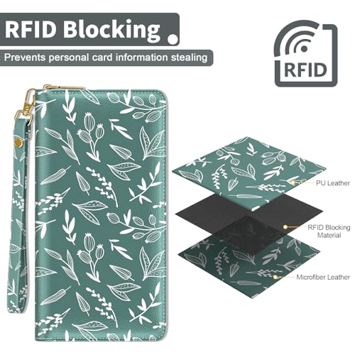 Image of Nipichsha Womens Wallet, RFID Wristlet Wallet for Women, Cute Ladies Purse, Large Card Clutch Purse with Phone Holder, Morandi Green Leaf