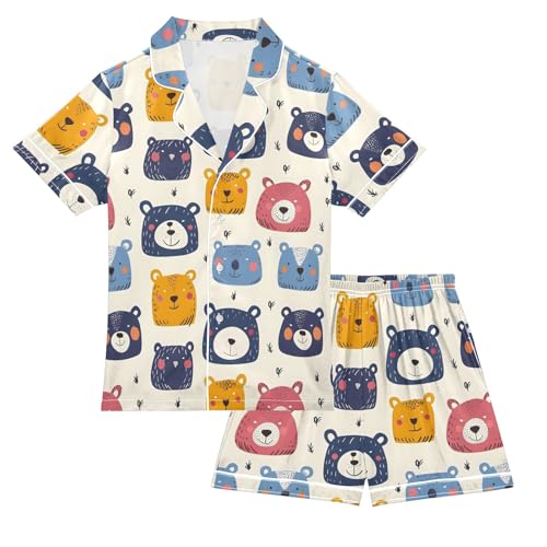 Cartoon Colored Bear Face Summer Satin Pajama Set, Cute Button-Down Sleepwear Pj Set for Sleep Wears