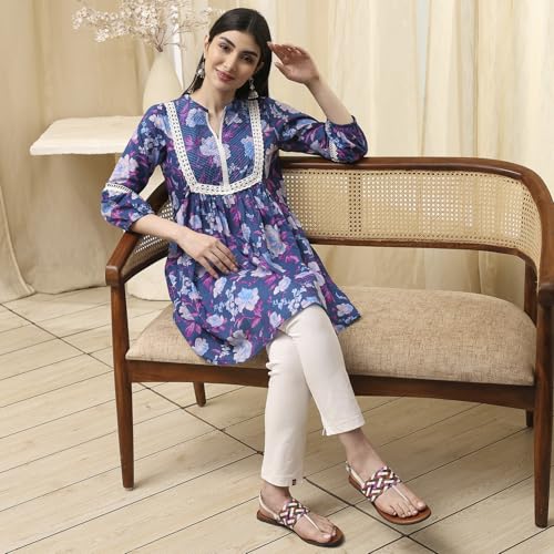 Image of BIBA Women Cotton Straight Fit A Line Printed Kurti