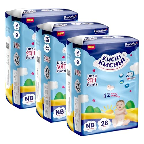 Image of Premium super soft baby diaper with a 3D bubble top and super absorbent core | Added active leak barriers and wetness indicators - NB Size, 84 Count