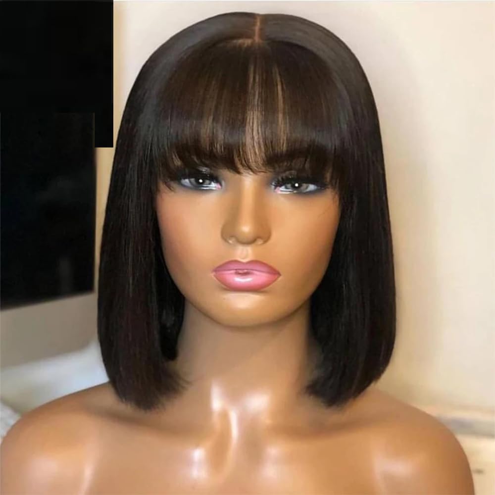 Hesperis Short Bob Wig Straight Human Hair Wigs With Bangs O Scalp Top Full Machine Made Wigs Brazilian Remy Bob Wigs For Women Natural Color (8inch, 150% Density)