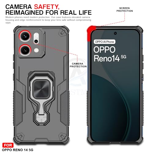 Image of AESTMO Armor Back Cover for Oppo Reno 14 5G | Ring Holder & Kickstand & Camera Protection in-Built | 360 Degree Protection Back Case Cover (Black)