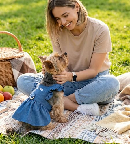 Denim Cat Dog Dress Clothes for Small Dogs with Leash Ring Summer Girl Small Dog Clothes Outfit Belly Velcro Fastening Cat Outfits&Apparel for Girl - Image 6