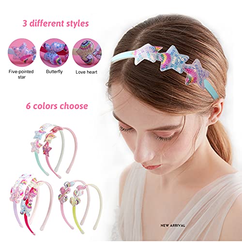 Fishdown Girls Headbands For Kids Glitter Toddler Girl Sequin Headbands Glitter Heart Rainbow Butterfly Star Non-Slip Headbands With Teeth (6 Pcs) #TOP2