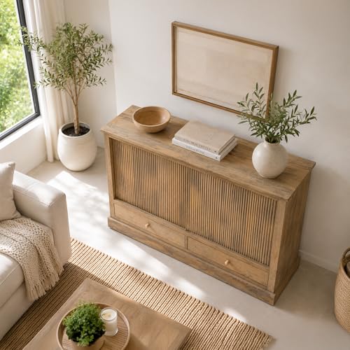 Image of The Attic Velora Cabinet, Solid Wood, Natural Finish, Kitchen and Living Room Storage