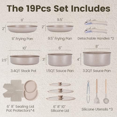 Ceramic-Nonstick-Pots-and-Pans-Set-19-Piece-with-Detachable-Handle-Induction-Dishwasher-Oven-Safe-Cookware-Set-RV-Kitchen-Set-Removable-Handle-Mocca-Taupe Ceramic Nonstick Pots and Pans Set 19 Piece with Detachable Handle Induction Dishwasher Oven Safe Cookware Set RV Kitchen Set Removable Handle Mocca Taupe