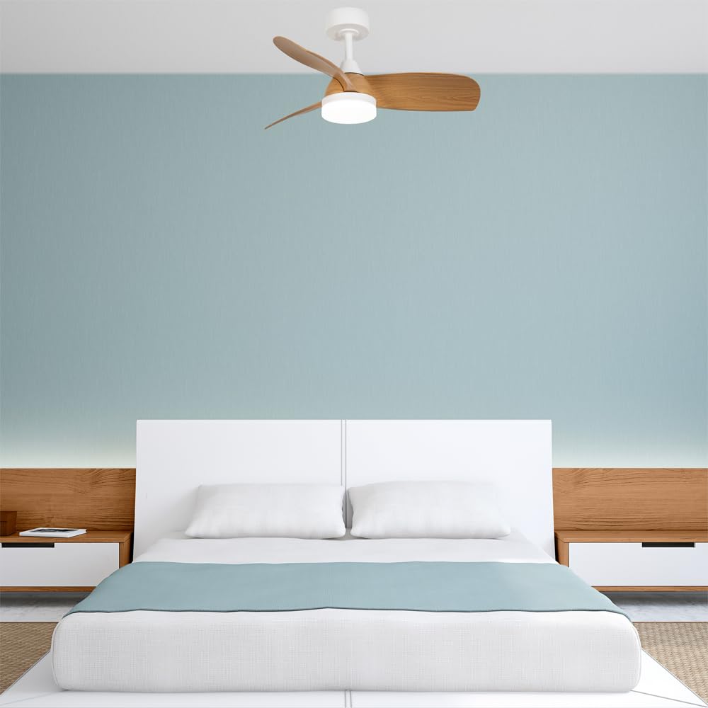 wonderlamp - Ventilador de techo con luz y mando LED 18W Borse Blanco+Madera clara CCT 3000-4000-6000K, Intensidad regulable Con Mando ø90cm
