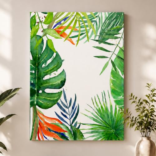 Image of PAINTINGMANTRA Tropical Green Leaves Stretched Canvas Wall Art Painting for wall decoration | Botanical Leaf Nature Inspired Painting for Living Room, Bedroom and Office, 22x34 Inch