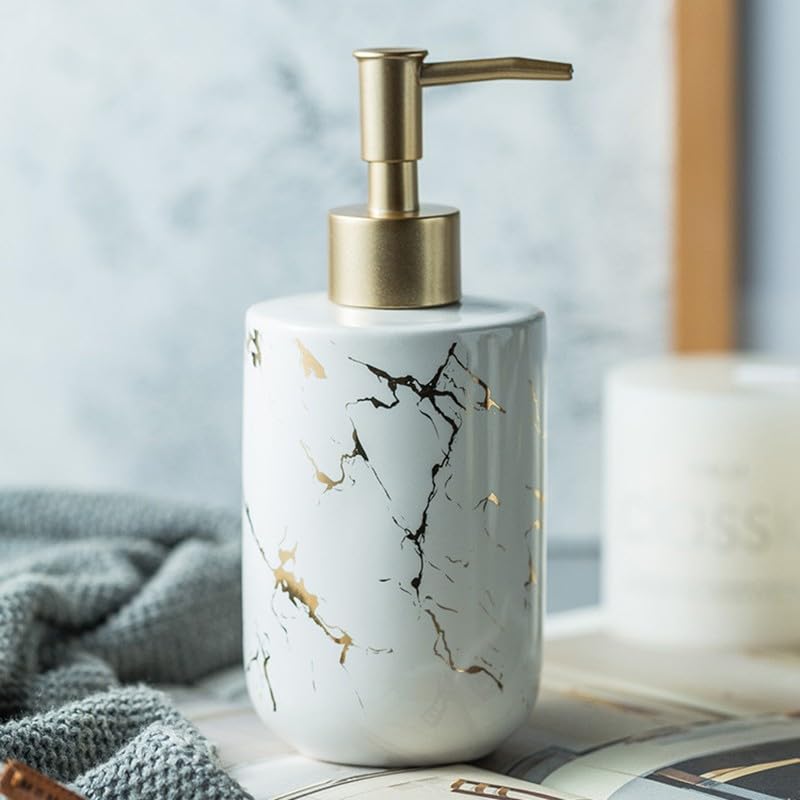Image of Ceramic Soap Dispenser (Luxe White) - 400ml Refillable Lotion Shampoo Bottle Matte White & Gold Marbling Elegant Bathroom & Kitchen Counter Accessory Premium Pump Bottle