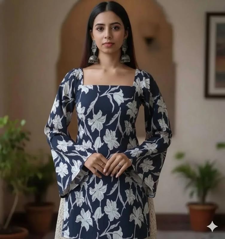 Image of Rayon Floral Print Short Kurti for Women | Square Neck Long Sleeve Top for Women | Criss Cross Back Desing Kurti | Soft Breathable Fabric | Relaxed Fit | Casual and Office Wear