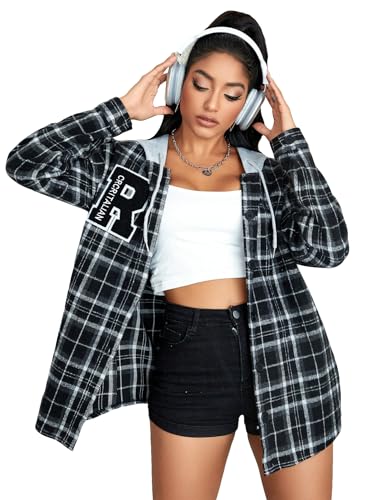 SweatyRocks Women's Long Sleeve Plaid Hoodie Jacket Button Down Blouse Tops