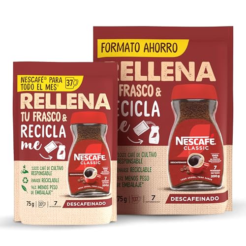 Nescafé solo refill: Café soluble NESCAFÉ Classic Descafeinado, 1 Doypack 75 g y 1 Doypack 275 g (Total 350 g)