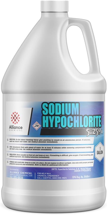 Sodium Hypochlorite 5.25% - 1 Gallon - Liquid Chlorine for Water Treatment, Surface Purification, Odor Removal - Alliance Chemical