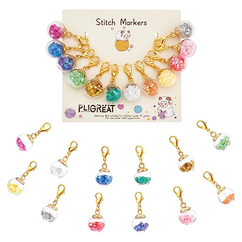 PLIGREAT 12 Pcs Colorful Stars Glass Ball Charm Stitch Markers, Crochet Stitch Marker with Lobster Claw Clasp