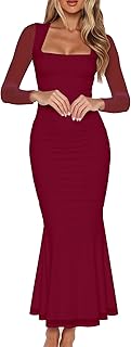 Women's Ruched Bodycon Long Sleeve Maxi Dress Mesh Square Neck Cocktail ...