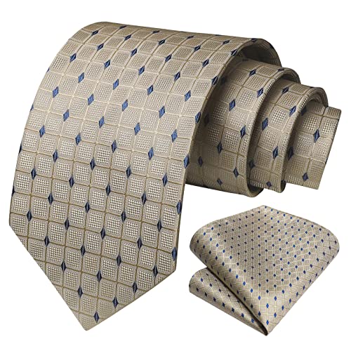 Image of HISDERN Ties for Men Plaid Checkered Tie with Pocket Square Woven Business Formal Necktie Handkerchief Set Wedding Party