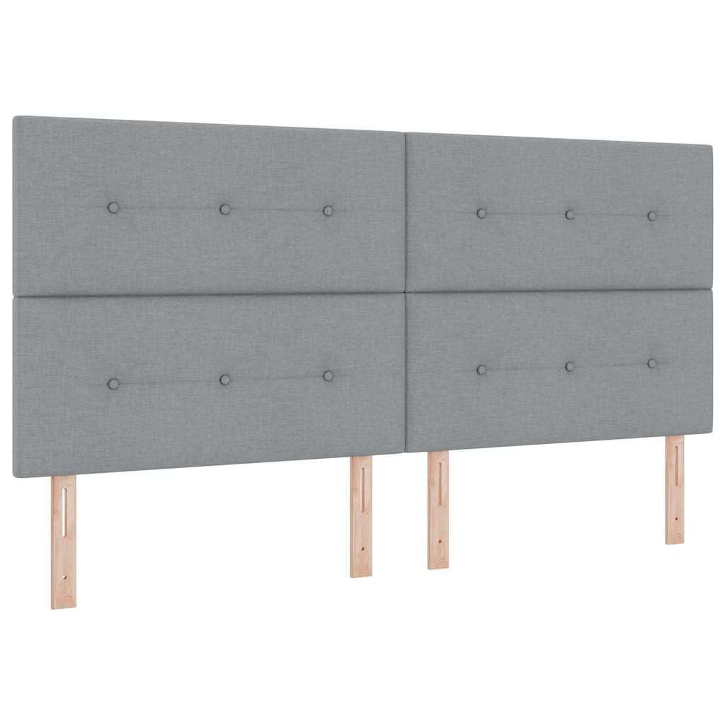 Nowoczesne łóżko kontynentalne z mattresą, jasnoszary materiał, 200 x 200 cm, rozmiar Queen, regulowany, wytrzymała drewniana rama, wygodne rozwiązanie do spania