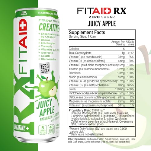 Image of FITAID RX Zero Sugar, Encapsulated Creatine, Workout Recovery Drink, All-In-One Blend, BCAAs, Glucosamine, Turmeric, B-Complex, Naturally Sweetened, Juicy Apple, 12 Fl Oz (Pack of 12)